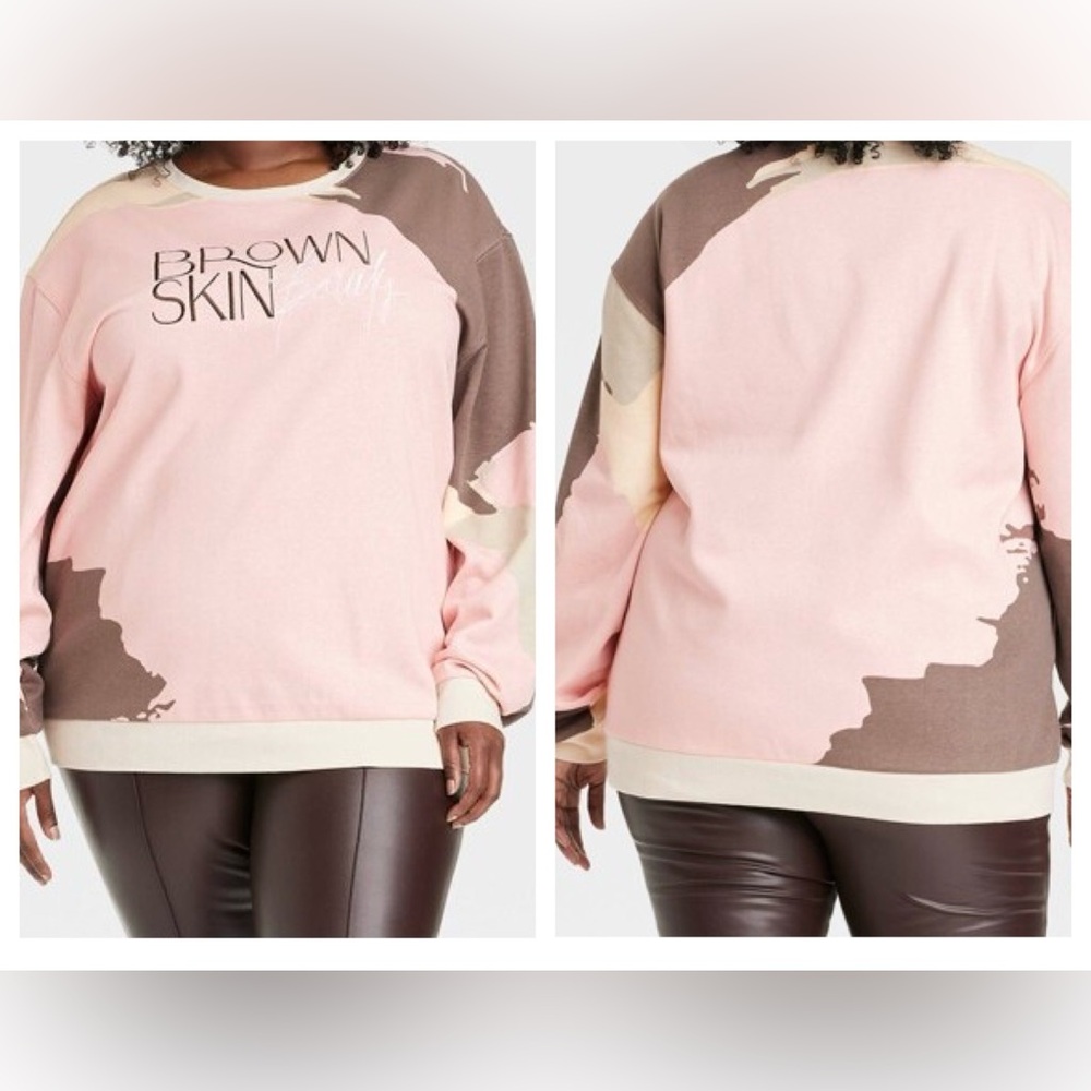 NWOT Brown Skin Collective Pink & Brown Colorblock Sweatshirt 2XL
